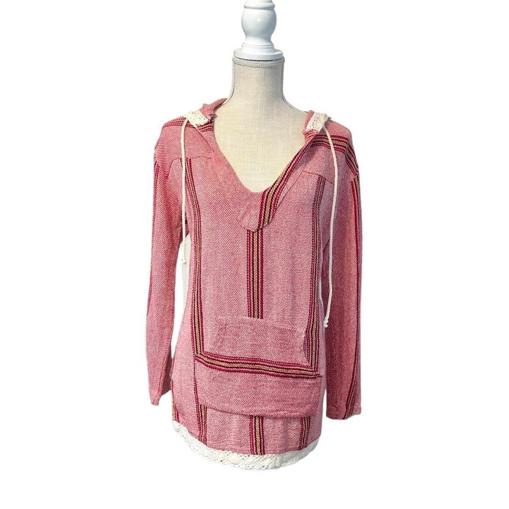 Vintage‎ Havana Poncho Women's Size Small Red & Pink Hooded With Lace Hem Detail